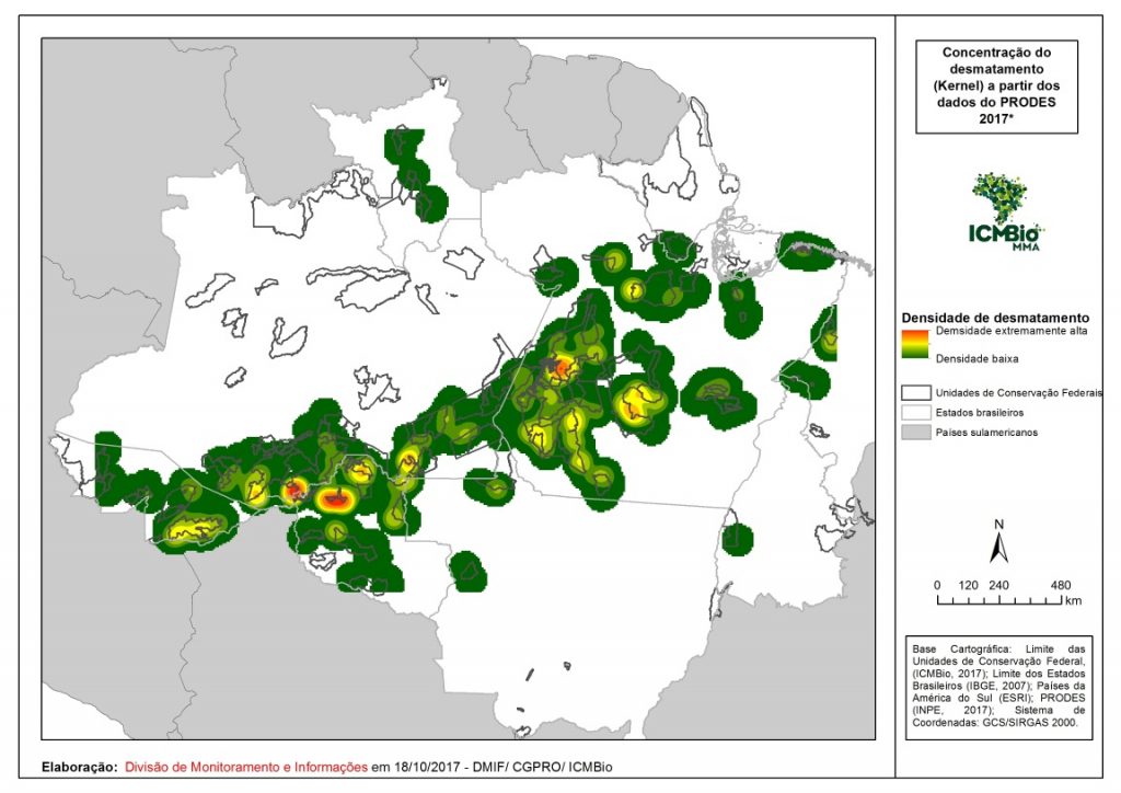 Mapa Kernel de concentração de desmatamento. Fonte: Prodes 2017, elaborado por DMIF/ICMBio.