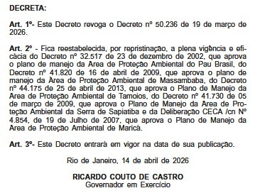 Couto revoga o último decreto de Cláudio Castro, que retirava medidas de preservação de Áreas de Proteção Ambiental do estado 63