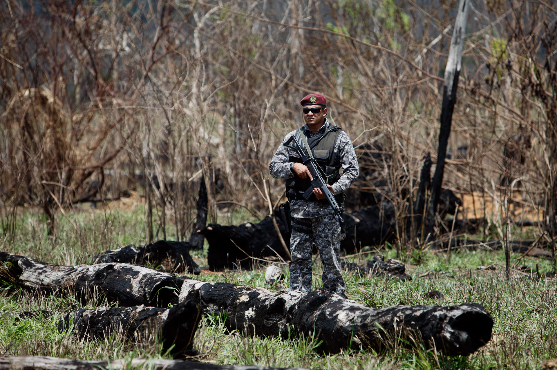 Um agente policial durante operação em área de desmatamento ilegal em Novo Progresso (PA). Foto:
Andre Penner / AP Photo