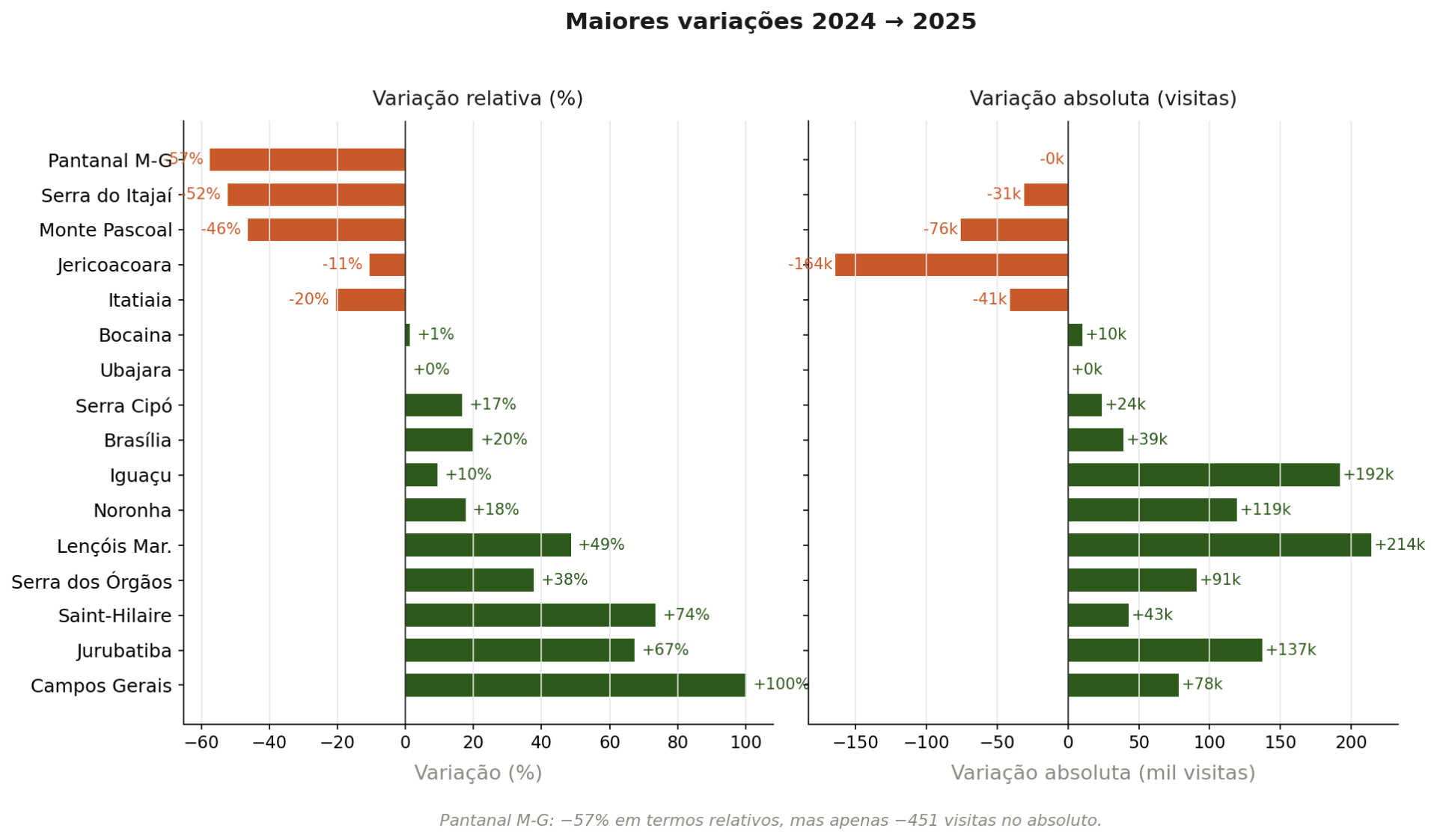 Maiores variações 2024-2025 — variação relativa (%) e absoluta (milhares de visitas)