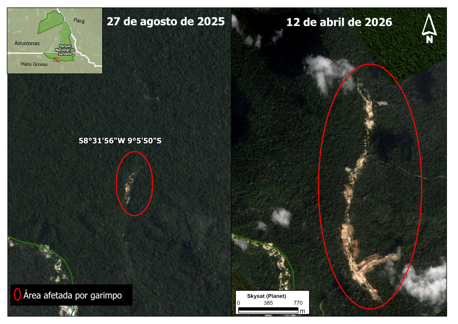 Imagens anexas ao relatório mostra o avanço do desmatamento para mineração dentro do Parque Nacional Juruena. Imagem / Dados: Skysat