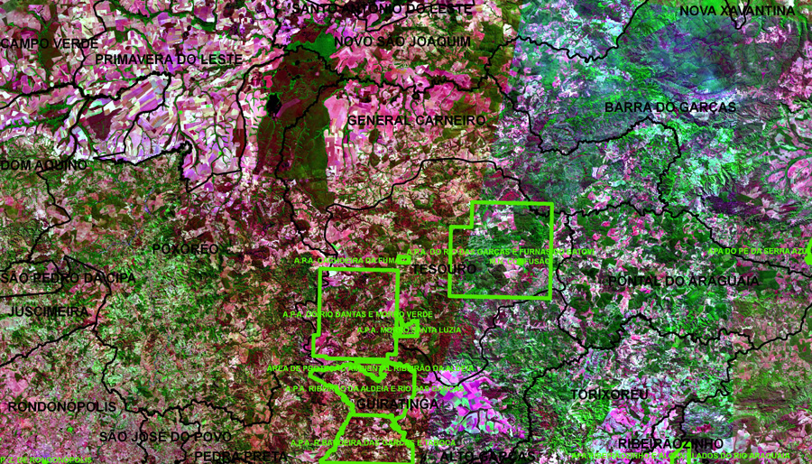 Imagem de satélite do município de Tesouro no ano 2000 com a localização das unidades de conservação. Crédito: SEMA/MT