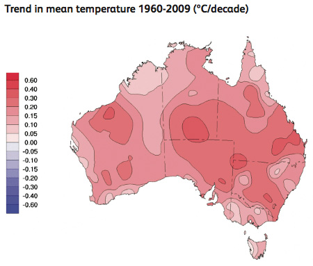 Tendência de aumento de temperatura entre 1960 e 2009 (fonte: CarbonPlanet.com)