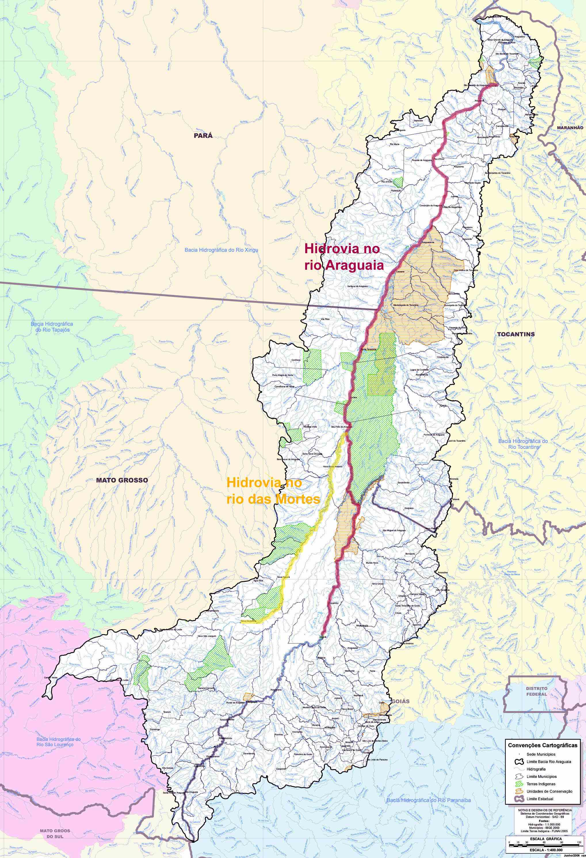  	Trechos projetados para as hidrovias nos rios das mortes (amarelo) e Araguaia (roxo). Clique e confira em tamanho maior. imagem: ANA / O Eco