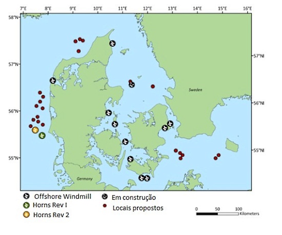 Mapa: A Dinamarca possui 12 parques eólicos offshore para a geração de energia elétrica. Entre eles, está o Horns Rev I - em verde no mapa. (fonte: Relatório)