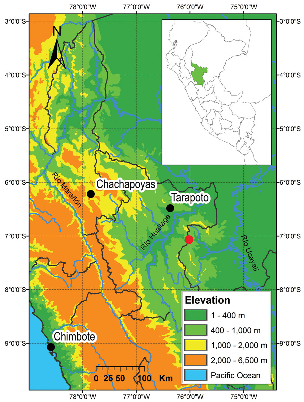O ponto vermelho na mapa indica a região onde as duas espécies convivem, nos Andes Peruanos. | Clique para ampliar.