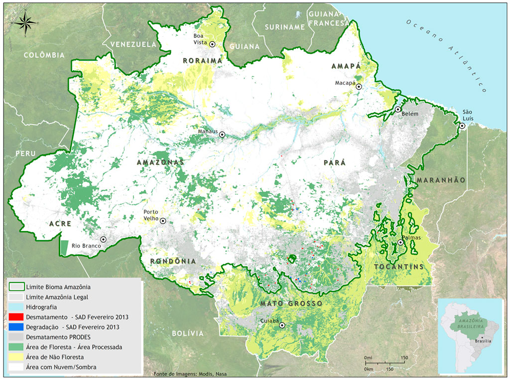 Imagem divulgada no relatório de fevereiro de 2013 pelo Imazon mostra Amazônia coberta por nuvens (em branco). Crédito: imagem cedida pelo Imazon | Clique para ampliar