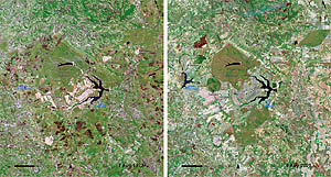 Verde em baixa, urbanização de Brasília em 1973 e em 2001. Imagem: Programa de Meio Ambiente das Nações Unidas