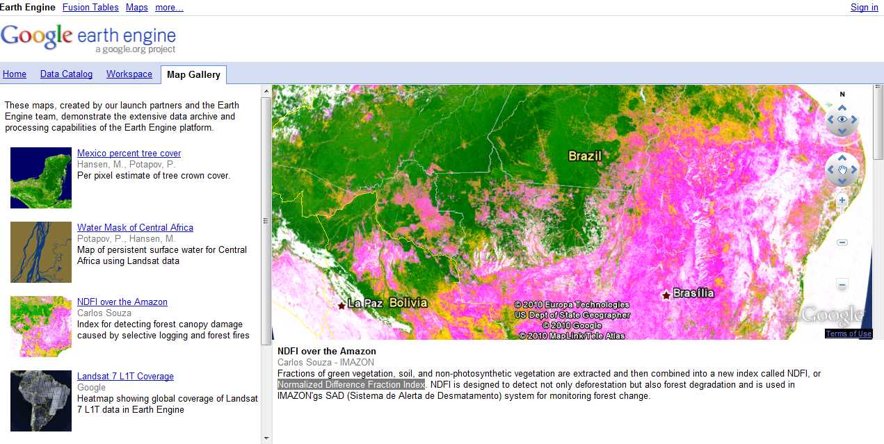 Google Earth Engine mostra o Sistema de Alerta de Desmatamento do Imazon (foto: reprodução http://earthengine.googlelabs.com/)