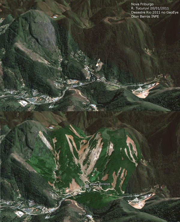 Nesta composição feita sobre o Google Earth, por Oton Barros, do INPE, com imagens do satélite de alta resolução GeoEye, é possível ver o antes e depois dos deslizamentos na cidade de Nova Friburgo, Rio de Janeiro. As chuvas torrenciais na região no dia 12 de janeiro, causaram a morte de 809 pessoas.