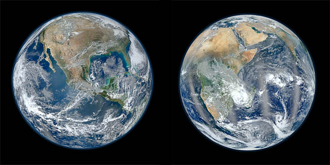 As duas versões da Blue Marble 2012, mostrando os hemisférios ocidental e oriental.