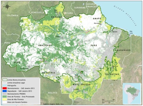 Área com nuvem e sombra em janeiro de 2013 na Amazônia LegaL.(Fonte: Imazon/SAD)