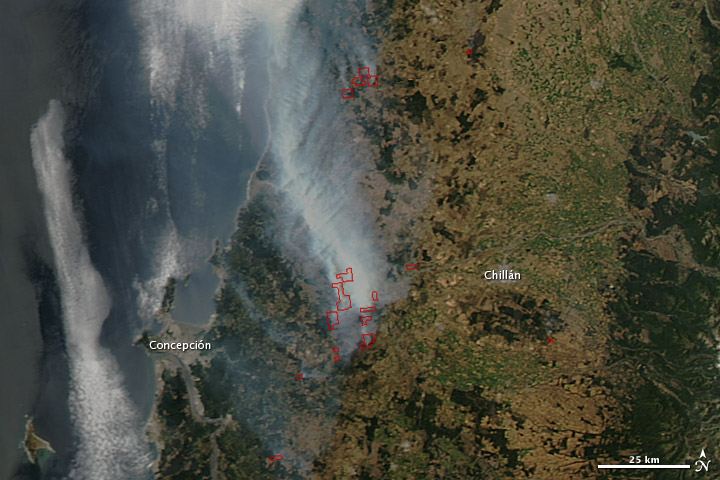 Imagem do satélite Aqua, da NASA, feita no dia 02 de janeiro sobre a região central do Chile perto das cidades de Concepción e Chillán (fonte: Earth Observatory, NASA)