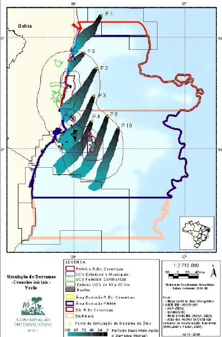 Em 2005, a Conservação Internacional divulgou estudo com simulações dos impactos que seriam causados por vazamentos de petróleo em Abrolhos. Clique para ampliar (fonte: CI)