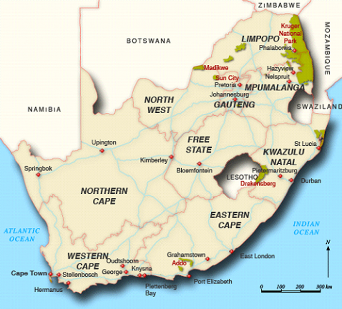 Mapa da África do Sul - a área em destaque pertence ao Parque Nacional Kruger (na fronteira com Moçambique), local onde ocorreram mais da metade das mortes ilegais de rinocerontes. Foto: South Africa Travel