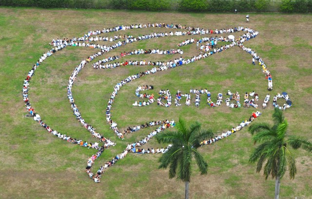 No Panamá, centenas de ativistas foram uma figura humana para prostestar contra a votação que derrubou a criação de um santuário de baleias no Atlântico Sul. Foto: divulgação