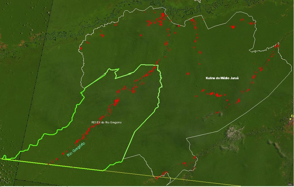 Desmatamento no Rio Gregório em vermelho. Clique para ampliar (fonte: SIPAM)