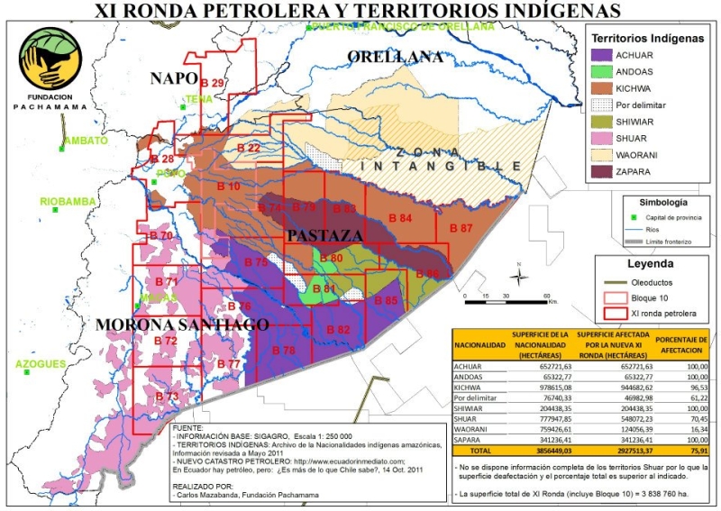 Mapa dos blocos de petróleo oferecidos na Rodada XI. Crédito: Fundação Pachamama.