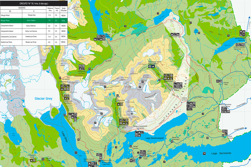 Mapa do Parque Nacional Torres Del Paine. Fonte:
