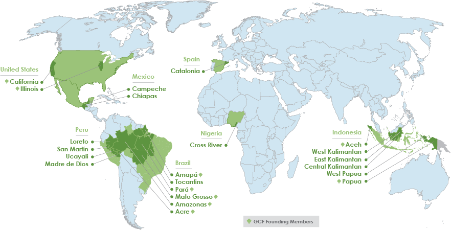 Mapa dos membros da Força Tarefa dos Governadores para o Clima e Florestas (GCF).