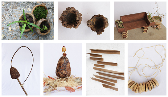 Confecção de objetos a partir dos materiais coletados, com cada participante desenvolvendo sua ideia na direção que mais lhe interessou, como por exemplo o conceito, a forma ou a funcionalidade. Foto: objetos da floresta.