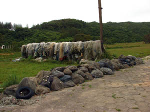 Redes e outros materiais apreendidos na sede da Polícia Militar Ambiental em Laguna. (Foto: Aldem Bourscheit)