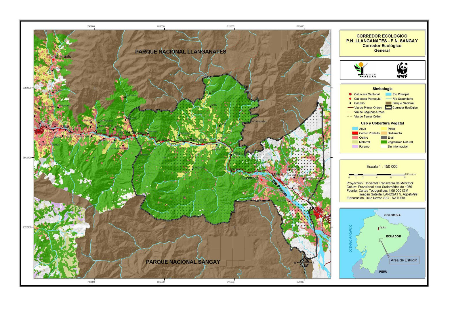 Mapa de 1999, da cobertura vegetal do corredor Llanganates-Sangay.De acordo com ele, 30 mil hectares correspondem à vegetação natural e 5.745 hectares são usados para plantações, pastagens e habitação. Cortesia: WWF. | Clique para ampliar