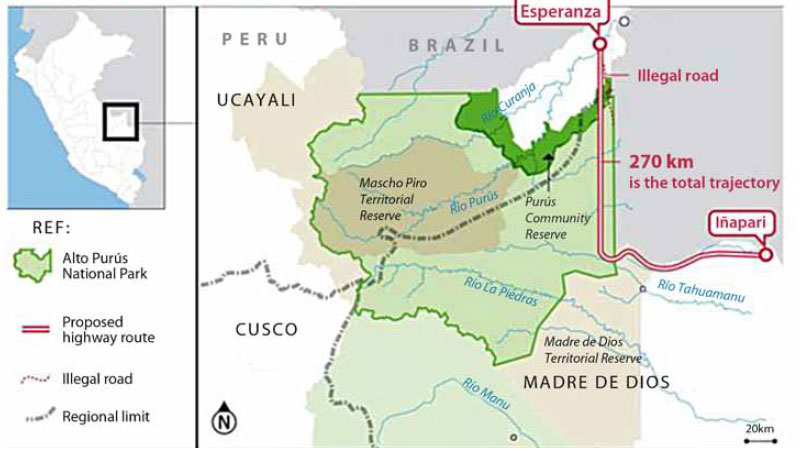  Legenda: Mapa mostra trajeto proposto em lei. Terras protegidas Brasileiras estariam na área de influência da obra. Crédito: Global Witness Report