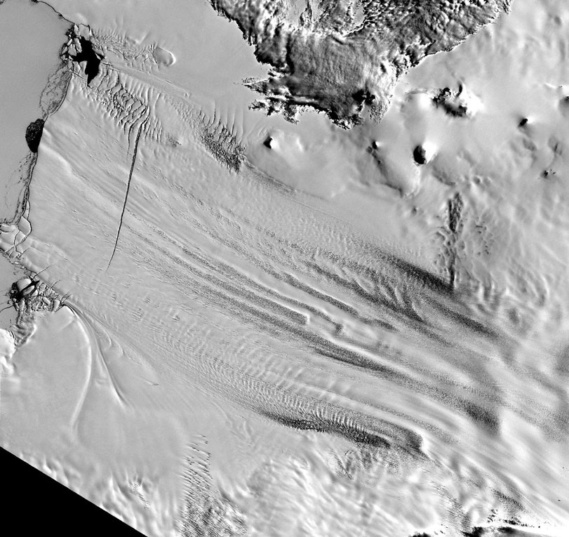A NASA detectou um derretimento dramático das geleiras no Mar de Amundsen, no oeste da Antártica. Ilustração: NASA