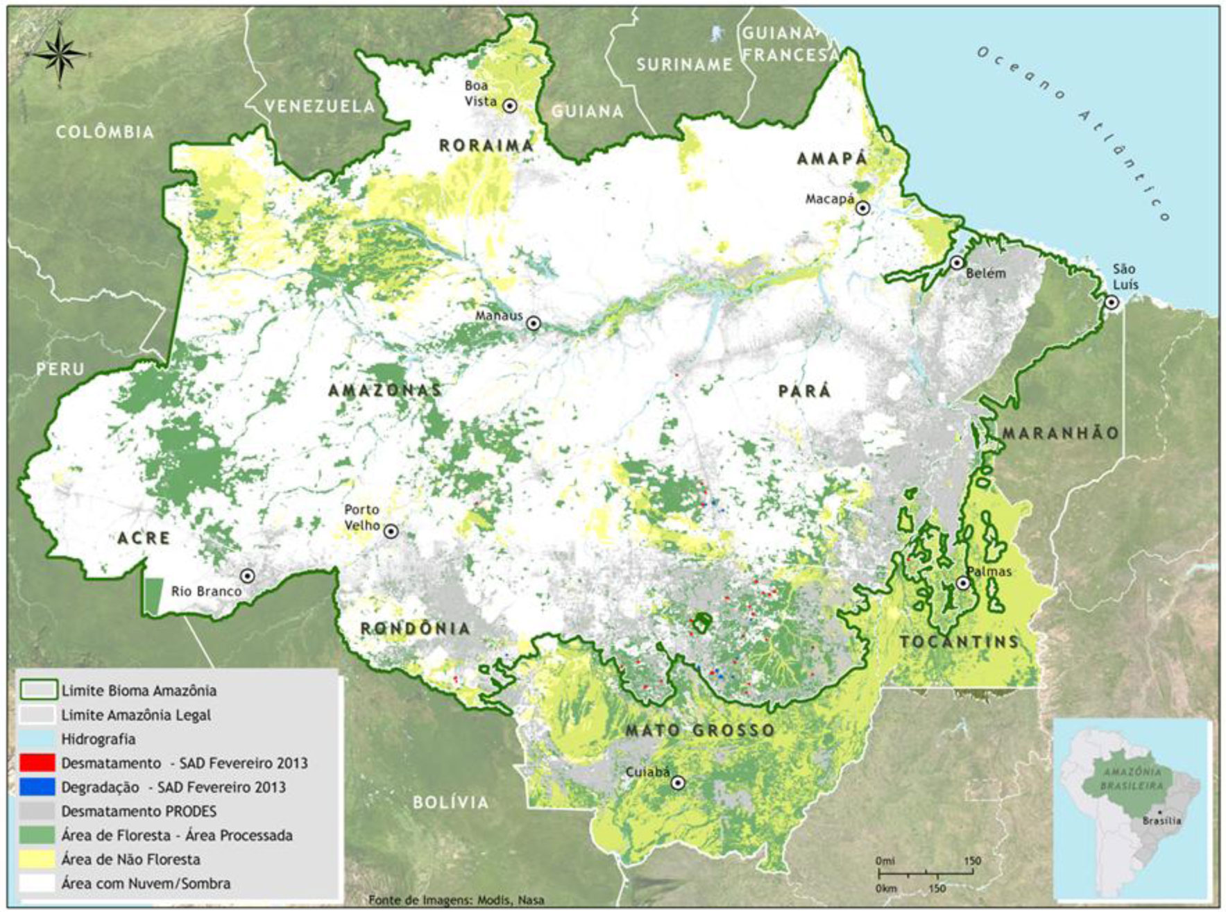 Amazônia Legal em fevereiro de 2013 (Fonte: Imazon/SAD). Clique para ampliar.