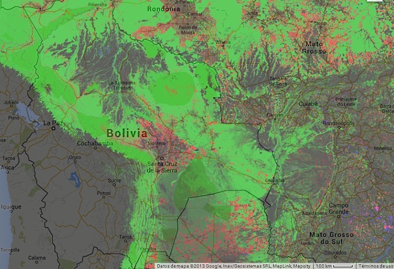 Cores vermelhas mostram lugares que sofreram perdas florestais entre os anos 2000 e 2012. No mapa pode se ver que a área mais devastada foi a região de Santa Cruz. Crédito: Global Forest Change/Google
