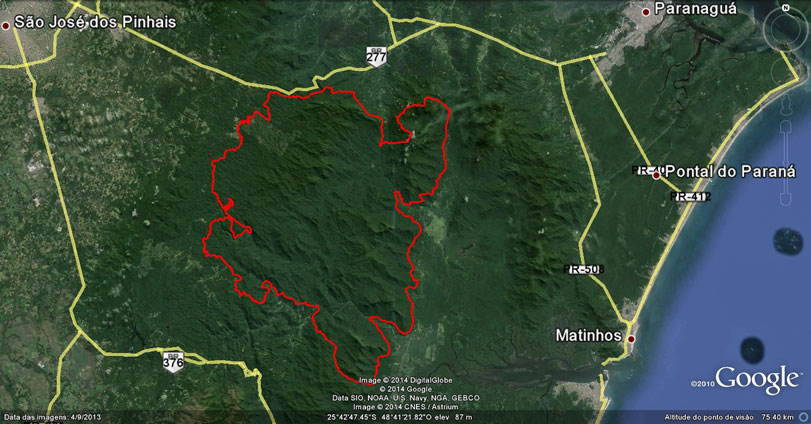 Localização do Parque Nacional de Guaricana (em vermelho) em relação às sedes dos municípios do Litoral e Região Metropolitana de Curitiba (Fonte: polígono do Decreto de Criação sobre imagens da plataforma Google Earth – Nov/2014)