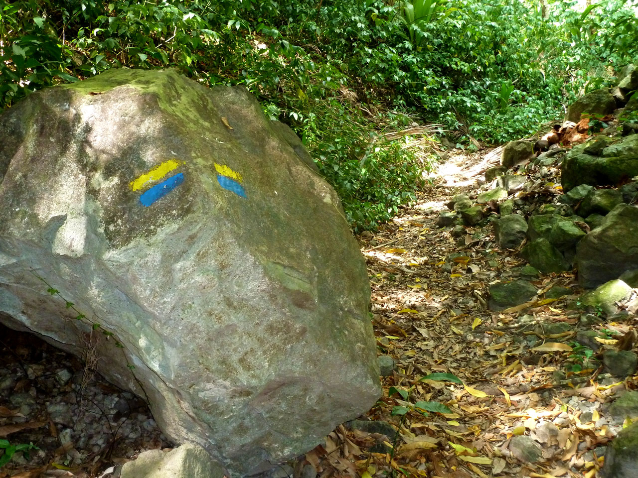 A sinalização da Waitukubuli segue o modelo europeu. É pintada em rochas.